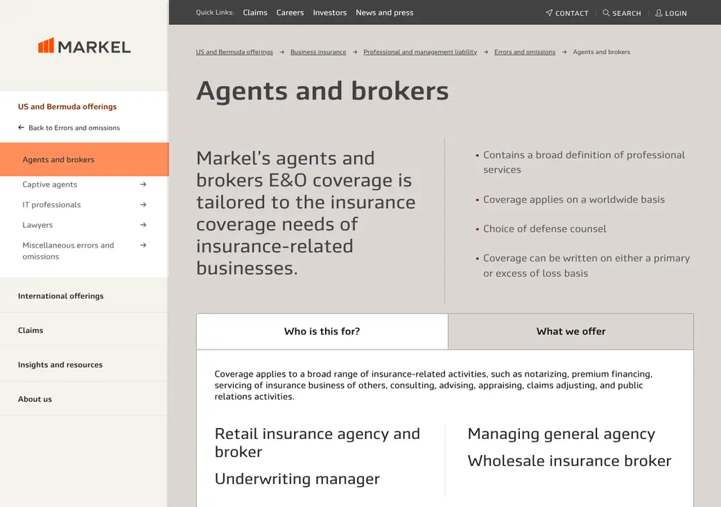 Screenshot of Markel agents and brokers E&O's product page at markel.com