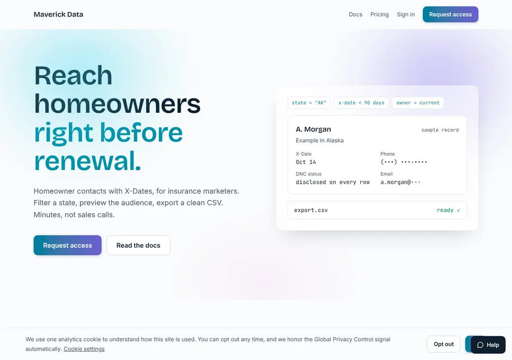 Screenshot of Maverick Data's home page at themaverickdata.com