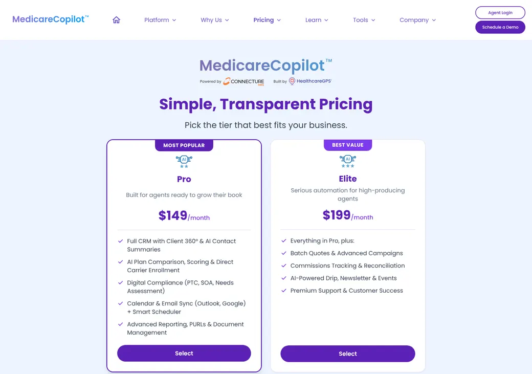 Screenshot of MedicareCopilot's pricing page at medicarecopilot.ai