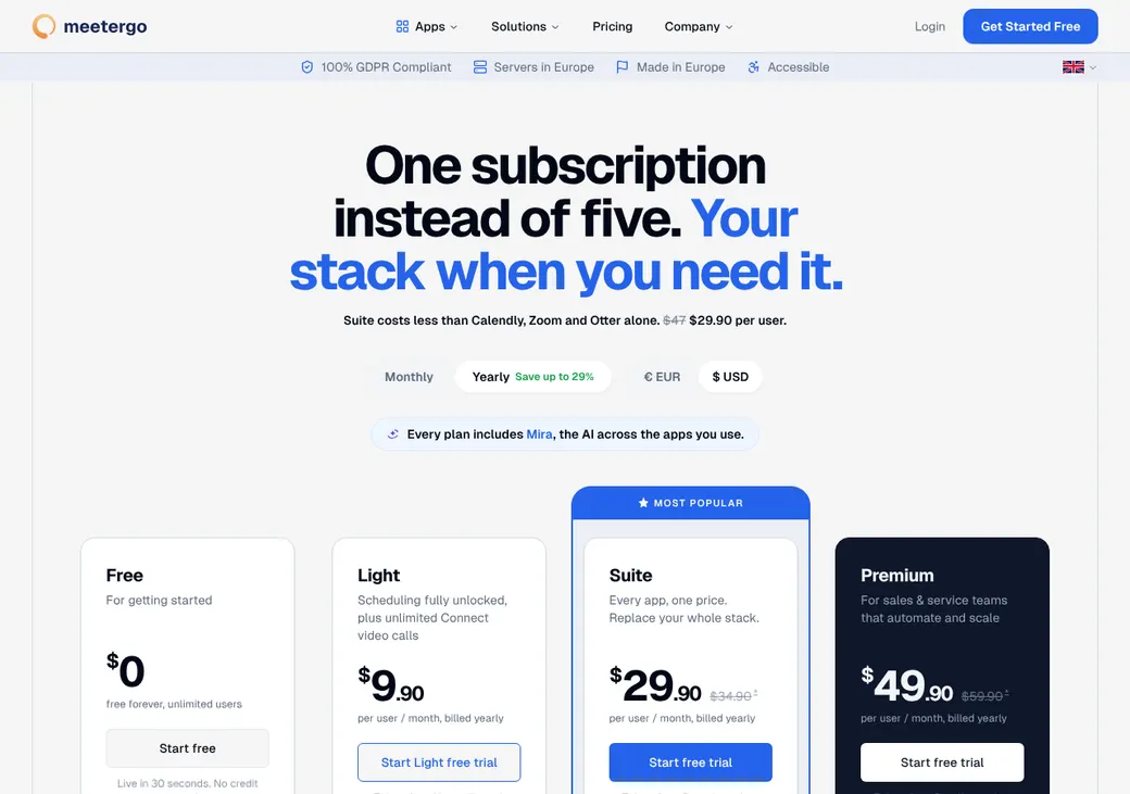 Screenshot of meetergo's pricing page at meetergo.com