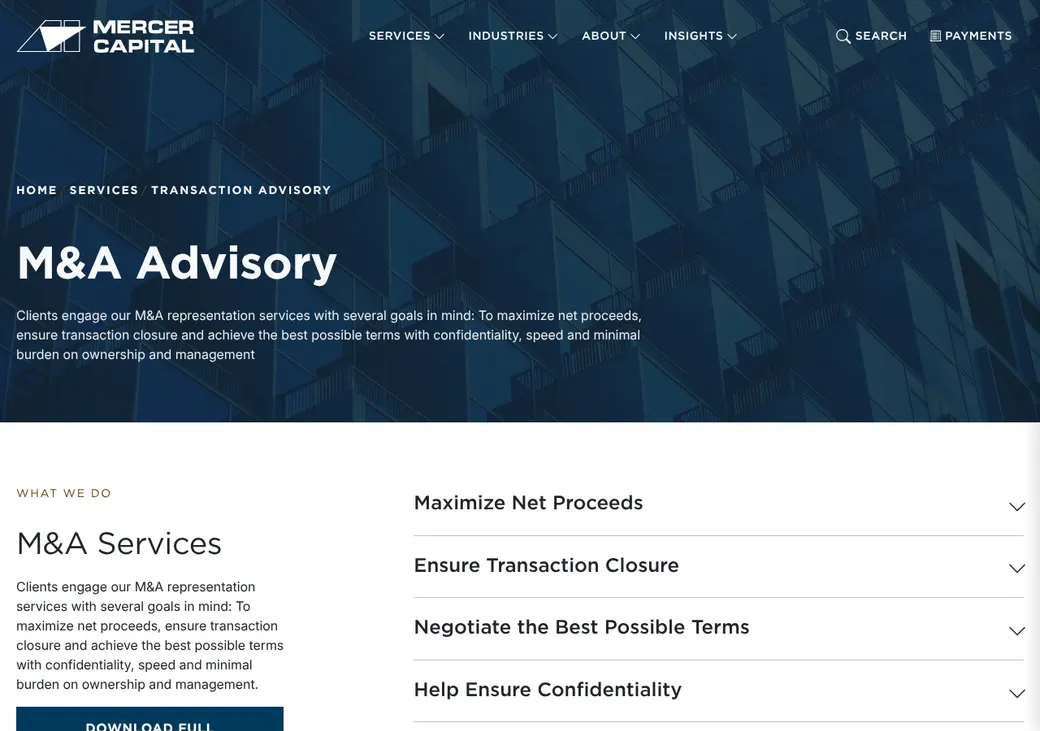 Screenshot of Mercer Capital's product page at mercercapital.com