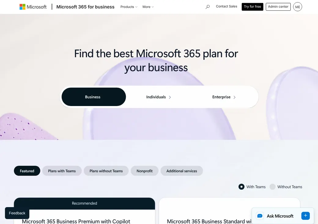 Screenshot of Microsoft 365 Business and Exchange Online's pricing page at microsoft.com