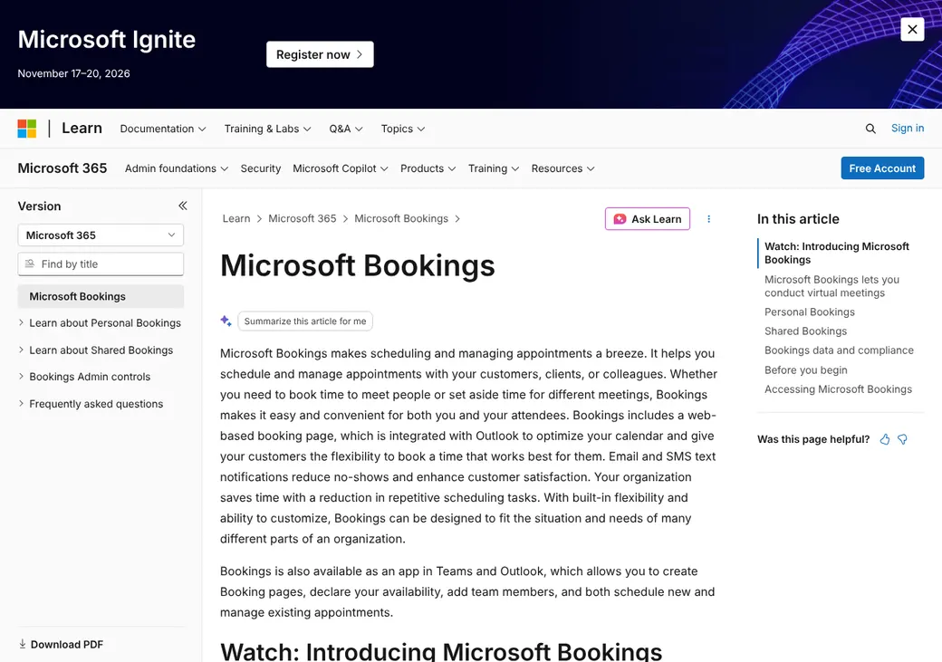 Screenshot of Microsoft Bookings' product page at learn.microsoft.com