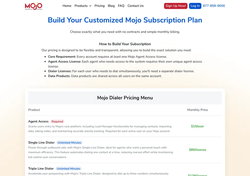 Screenshot of Mojo Dialer's pricing page at mojosells.com