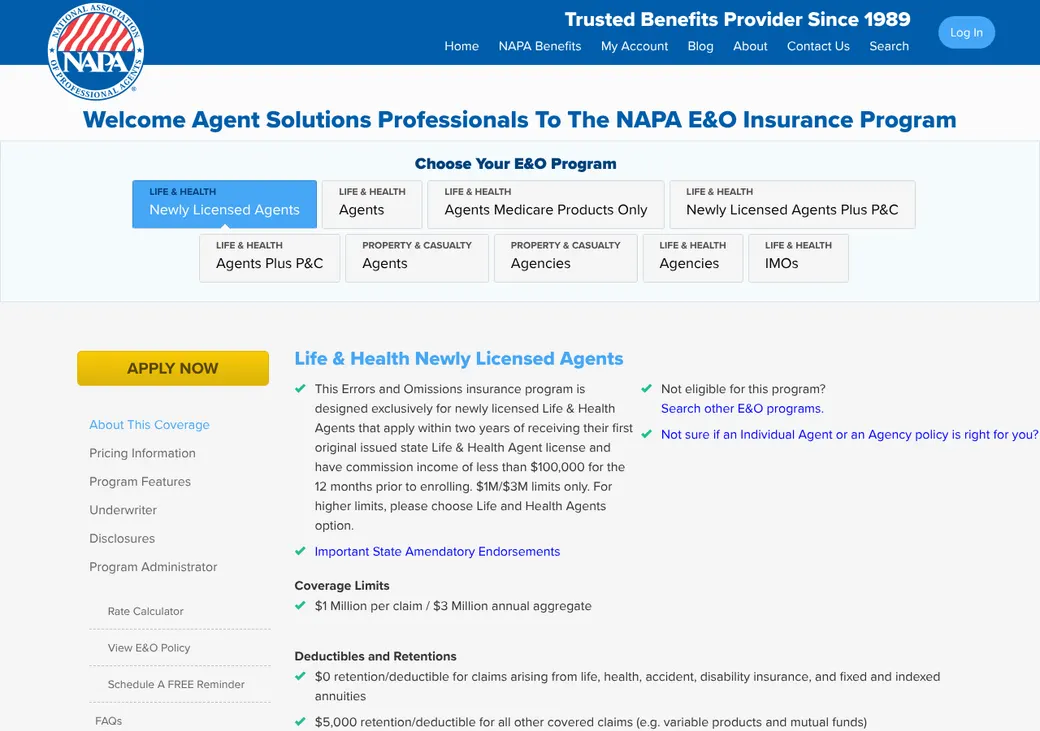 Screenshot of NAPA E&O's product page at napa-benefits.org