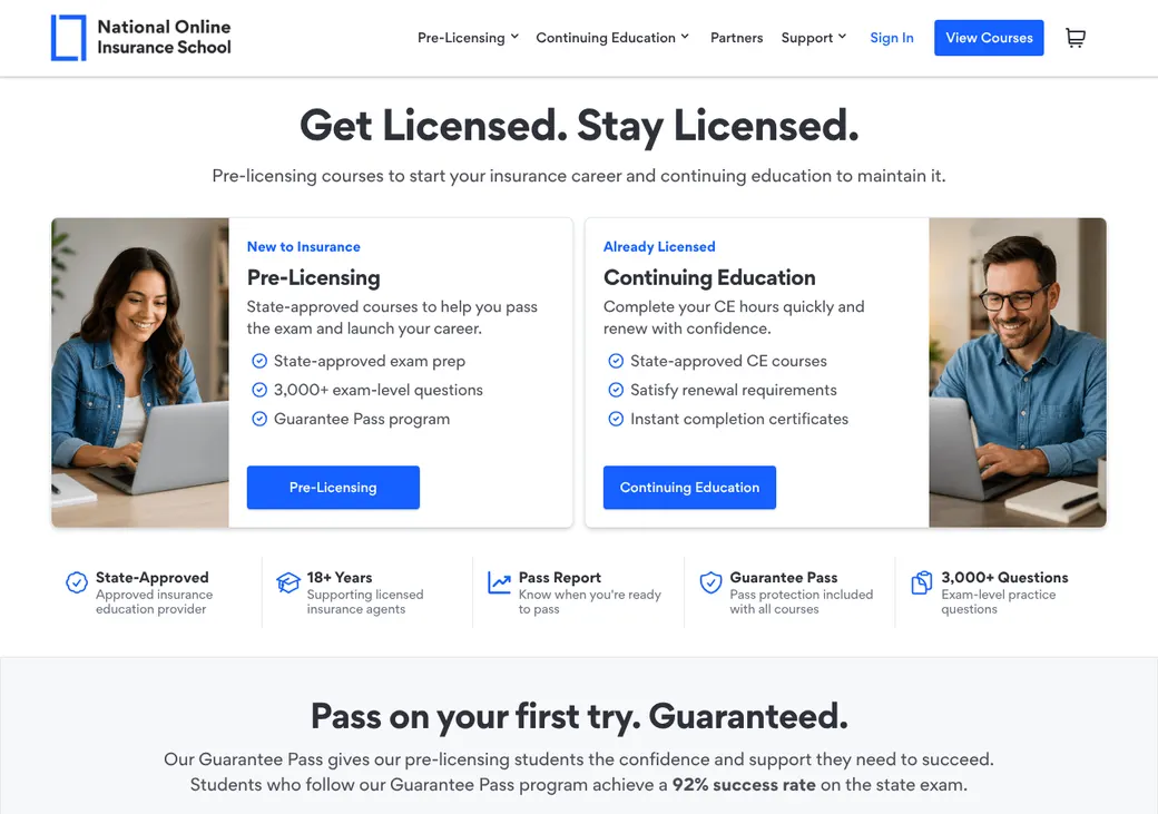 Screenshot of National Online Insurance School's home page at nationalonlineinsuranceschool.com