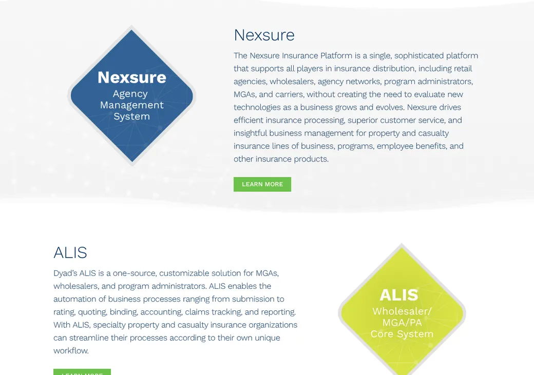 Screenshot of Nexsure's product page at dyadtech.com