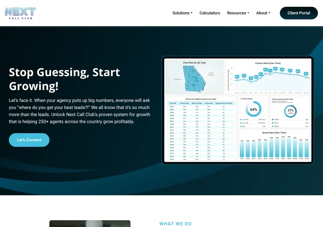 Screenshot of Next Call Club's home page at nextcallclub.com