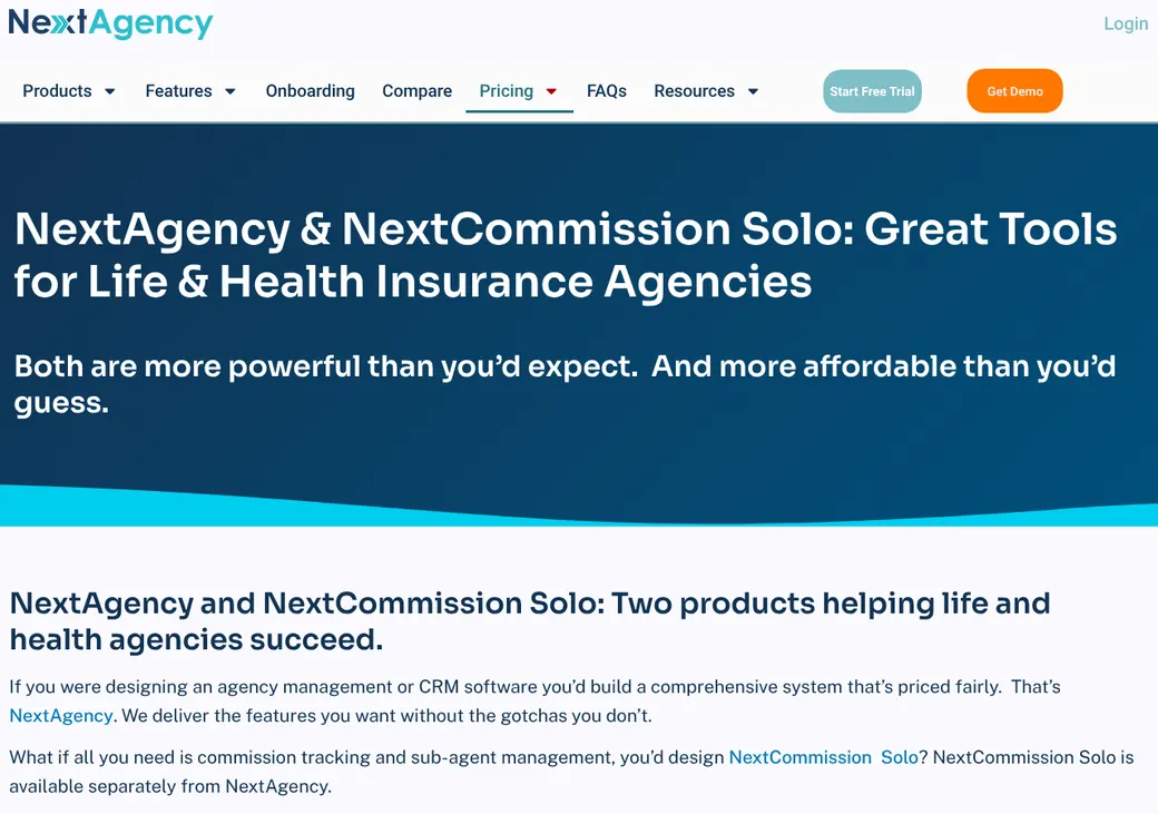 Screenshot of NextCommission's pricing page at nextagency.com