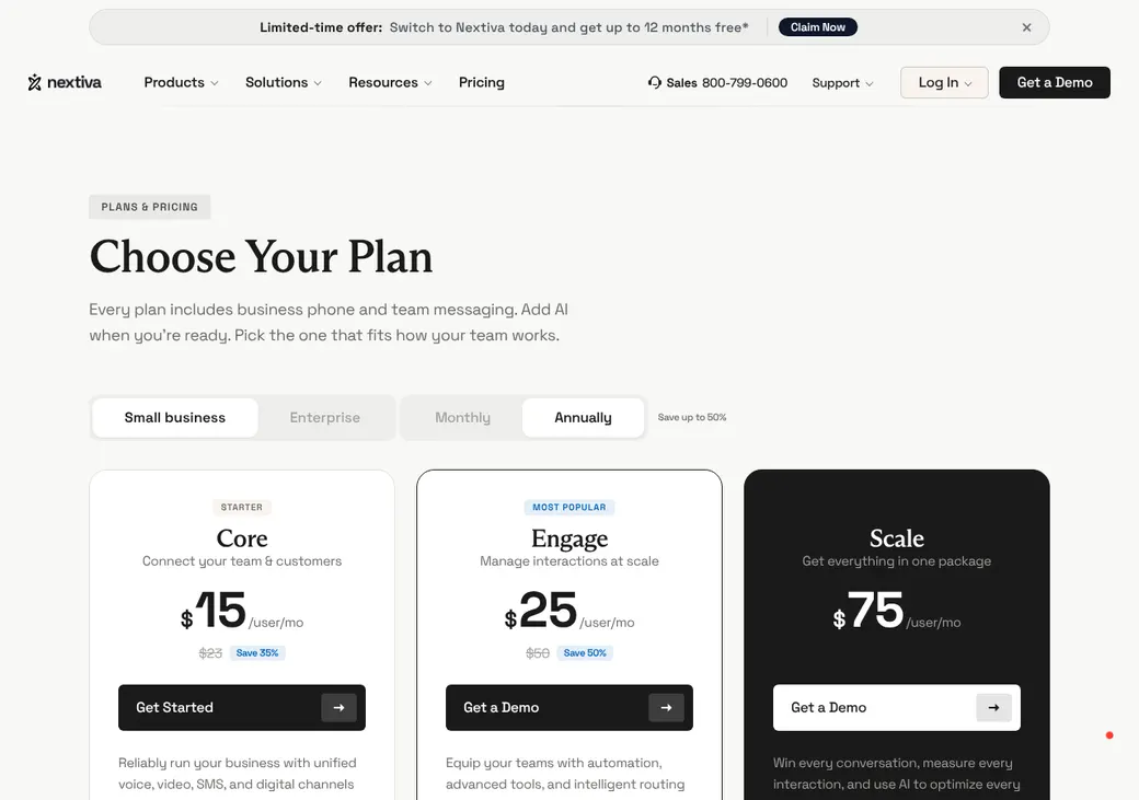 Screenshot of Nextiva's pricing page at nextiva.com