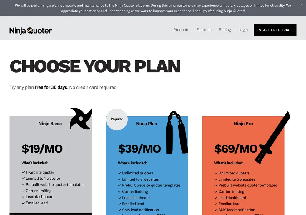 Screenshot of Ninja Quoter's pricing page at ninjaquoter.com