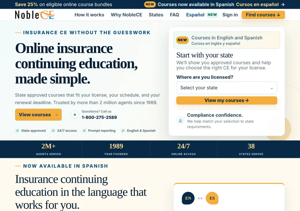 Screenshot of NobleCE's home page at noblece.com