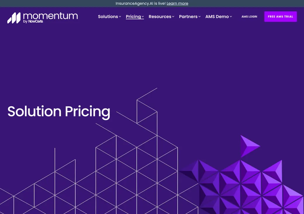 Screenshot of Momentum AMP's pricing page at momentumamp.com