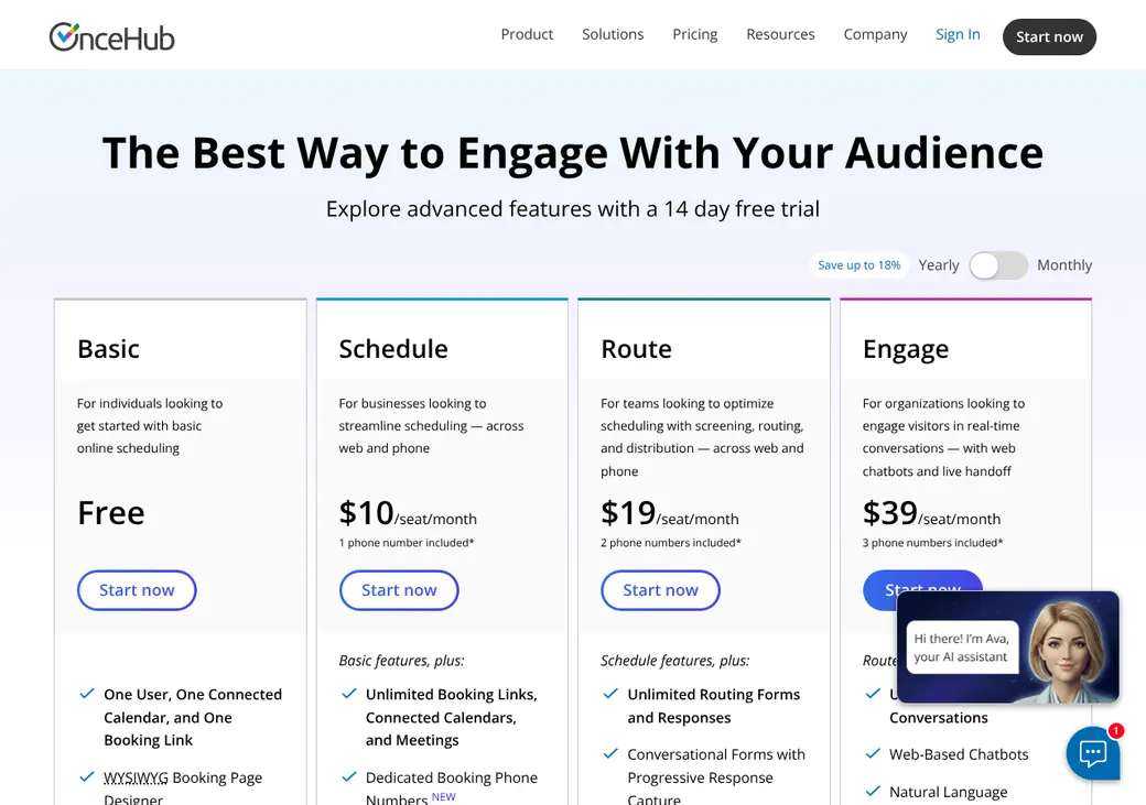 Screenshot of OnceHub's pricing page at oncehub.com