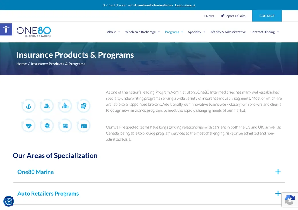 Screenshot of One80 Intermediaries' product page at one80.com