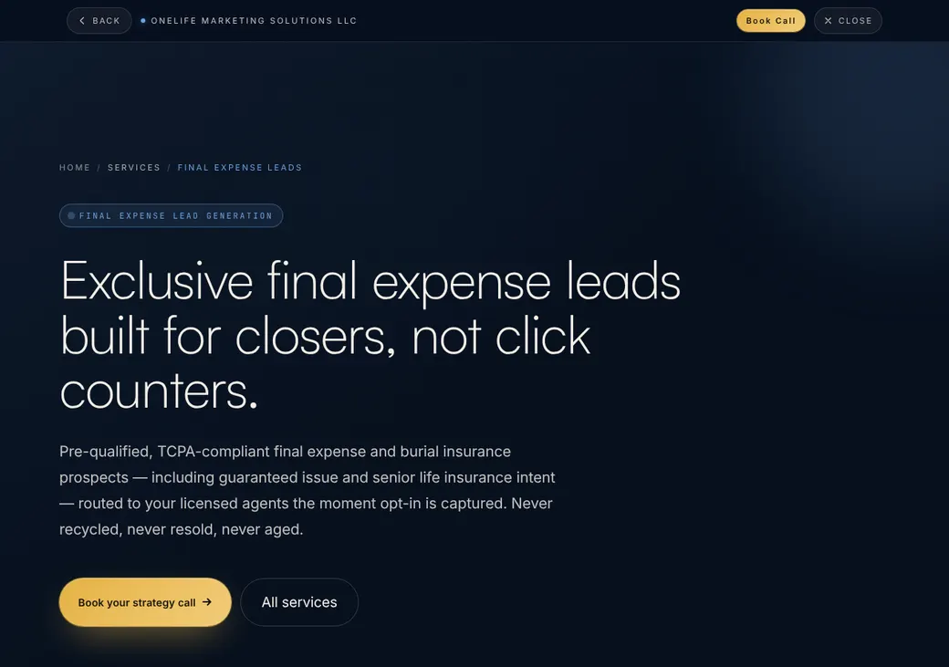 Screenshot of OneLife Marketing Solutions' product page at onelifemarketingsolutions.com