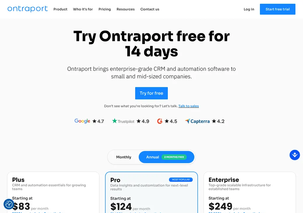Screenshot of Ontraport's pricing page at ontraport.com