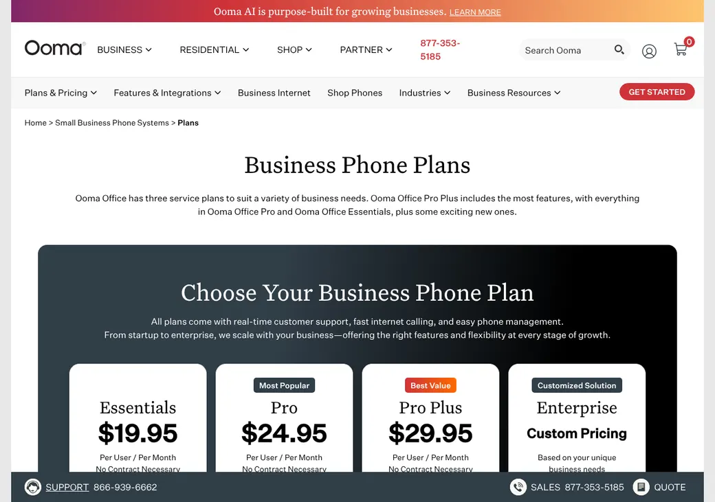 Screenshot of Ooma Office's pricing page at ooma.com