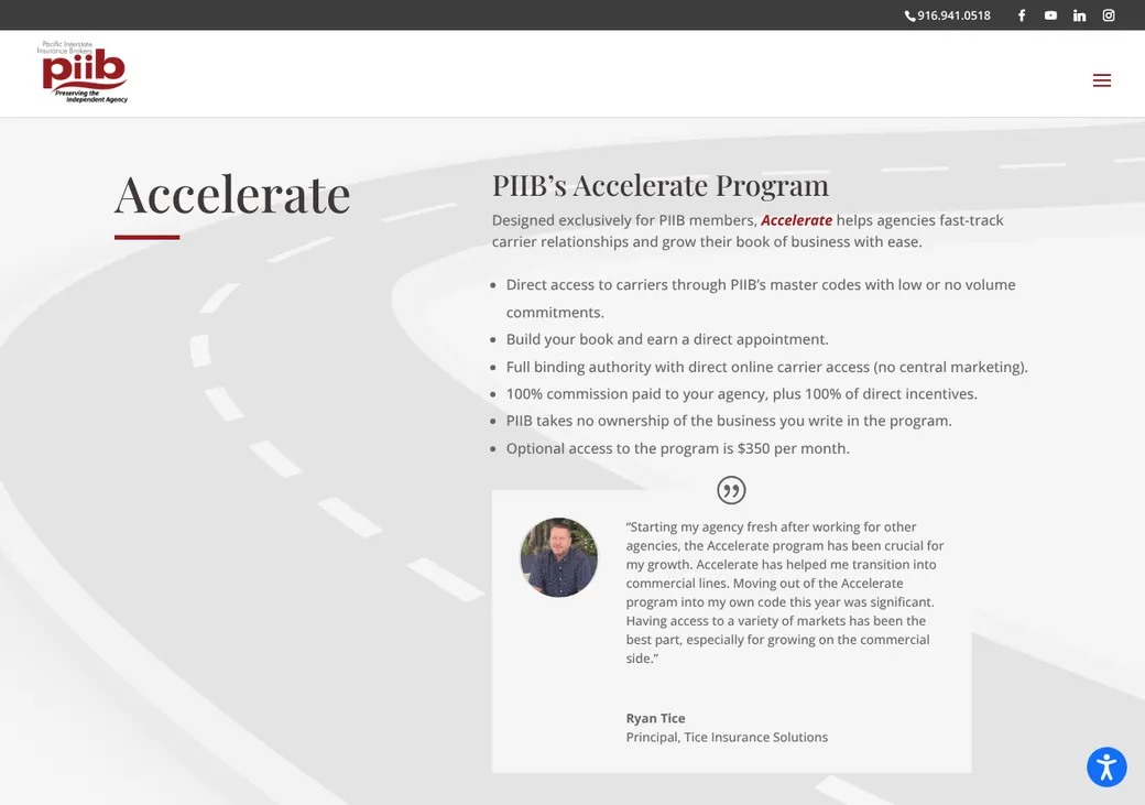 Screenshot of Pacific Interstate Insurance Brokers' product page at piib.com