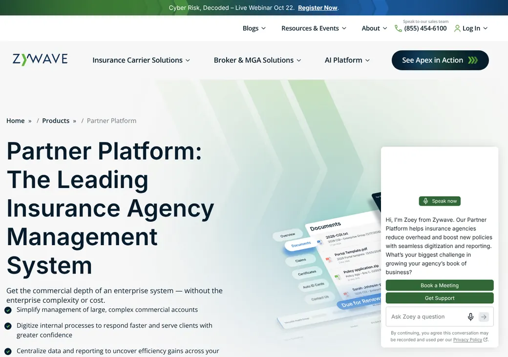 Screenshot of Partner Platform's product page at zywave.com