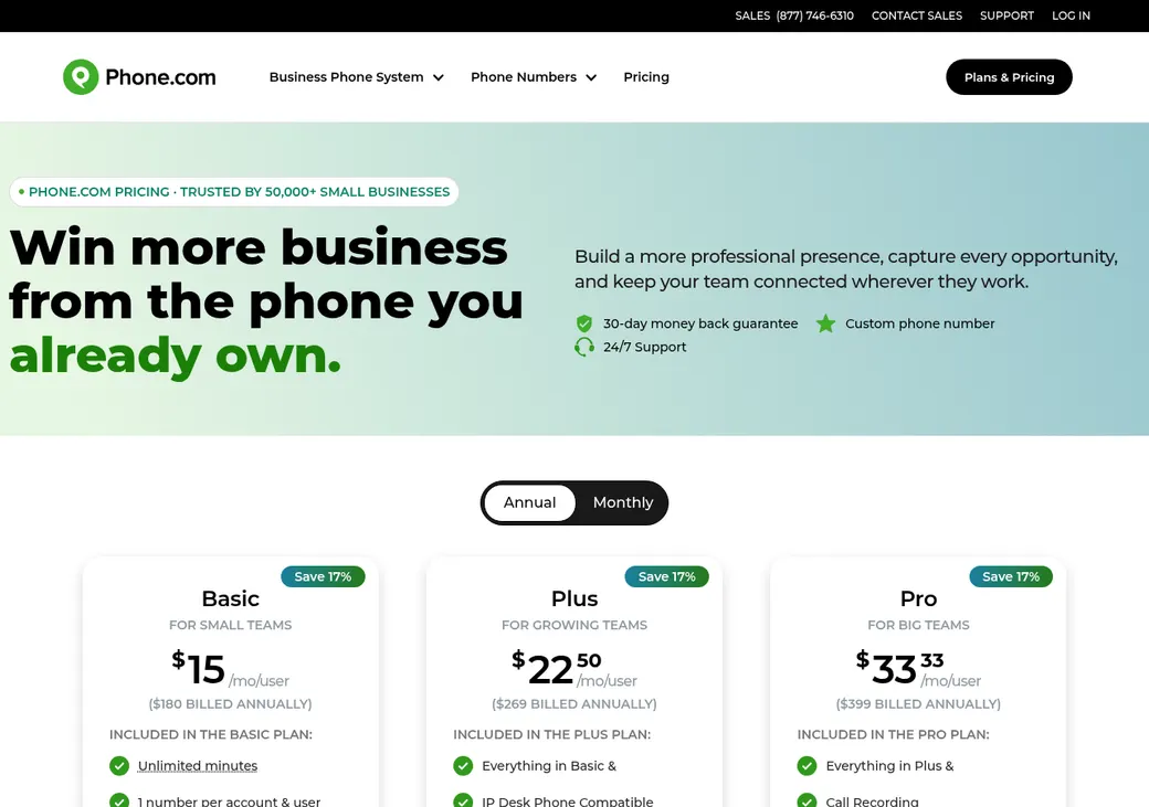 Screenshot of Phone.com's pricing page at phone.com