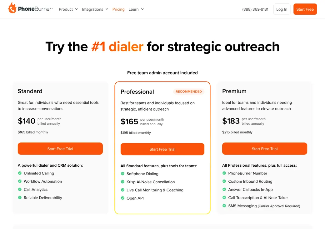 Screenshot of PhoneBurner's pricing page at phoneburner.com