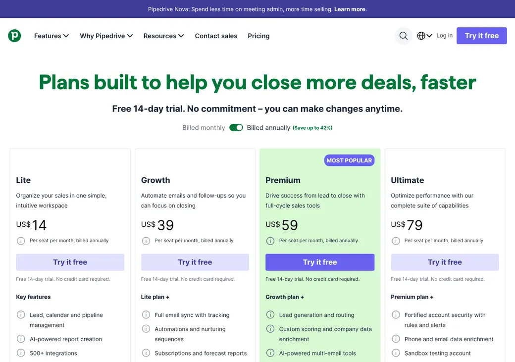 Screenshot of Pipedrive's pricing page at pipedrive.com