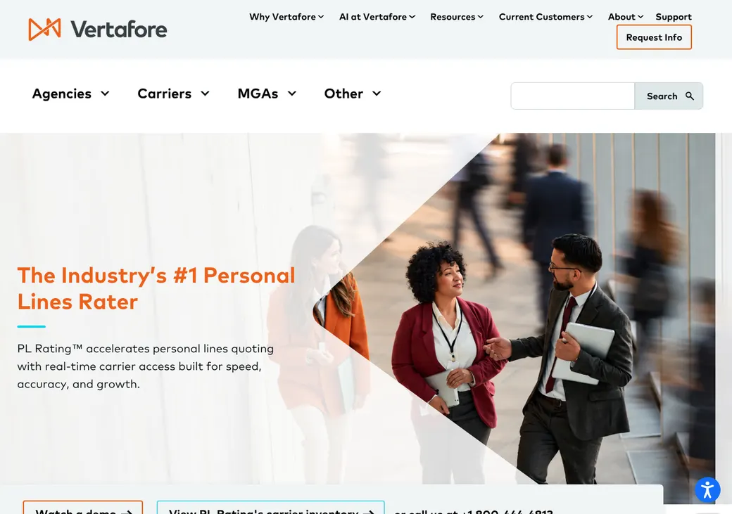 Screenshot of PL Rating's product page at vertafore.com