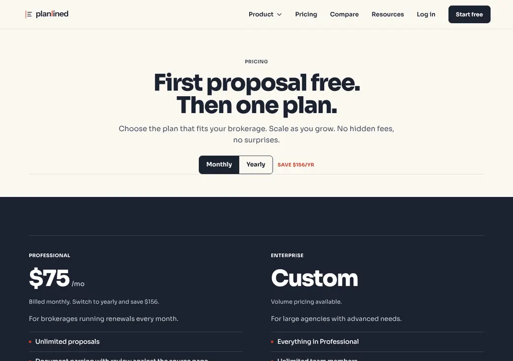 Screenshot of Planlined's pricing page at planlined.com
