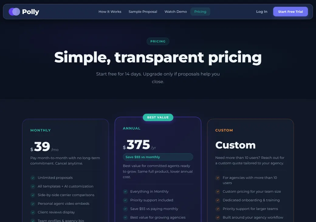 Screenshot of Polly's pricing page at meetpolly.io