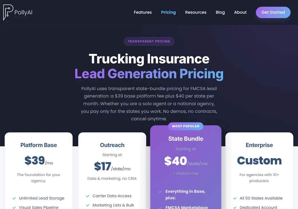 Screenshot of PollyAI's pricing page at getpollyai.com