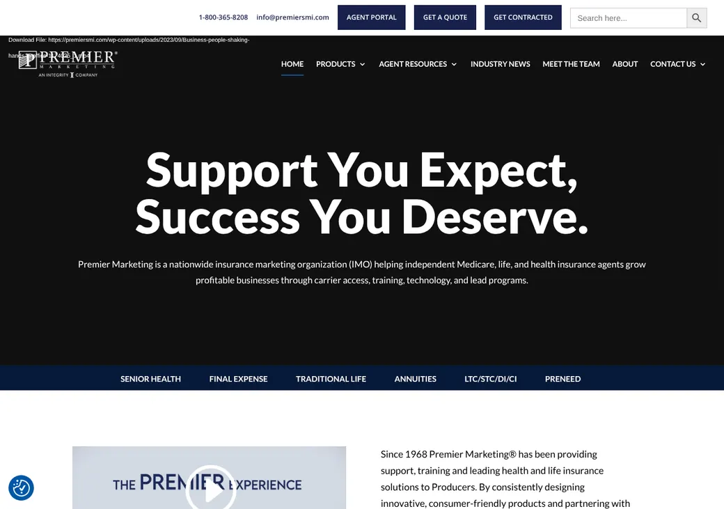 Screenshot of Premier Marketing's home page at premiersmi.com