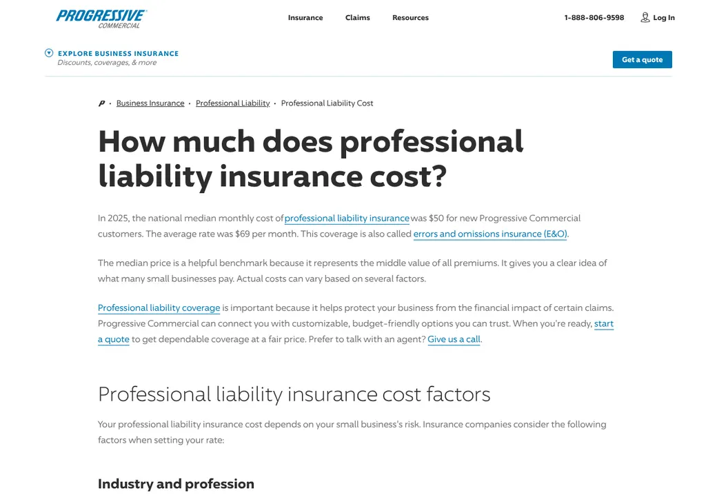 Screenshot of Progressive Commercial's pricing page at progressivecommercial.com