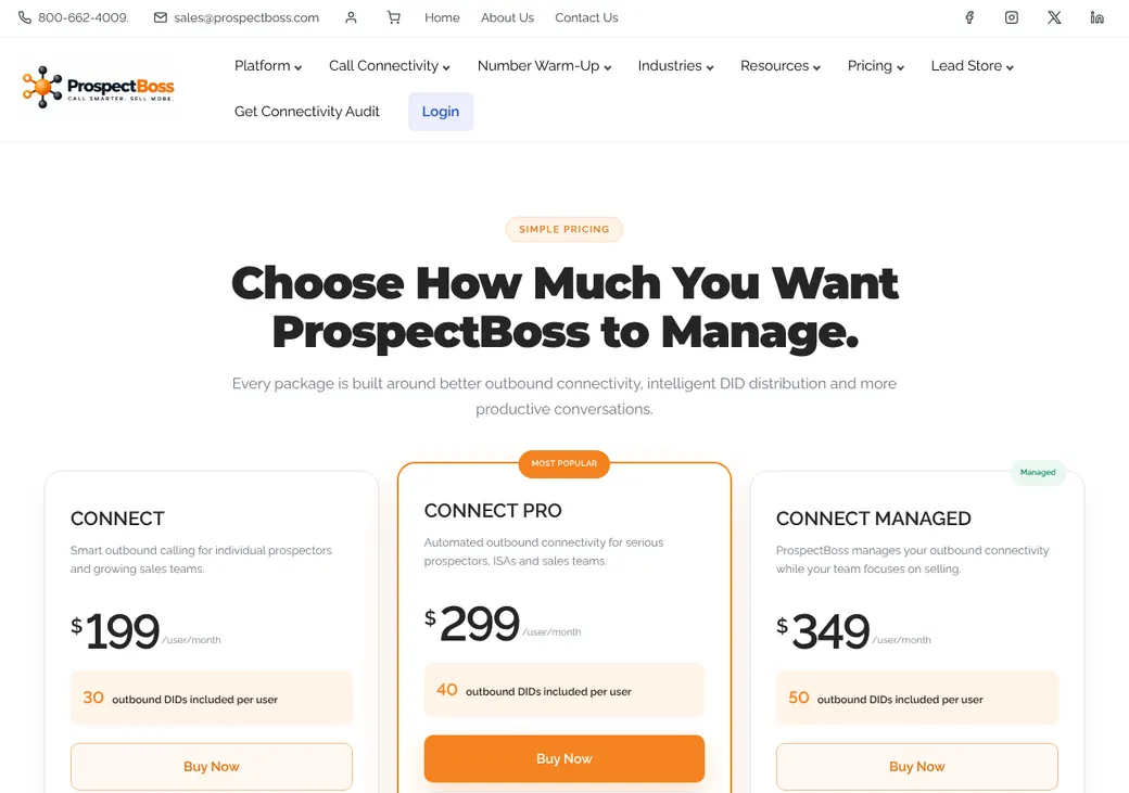 Screenshot of ProspectBoss' pricing page at prospectboss.com