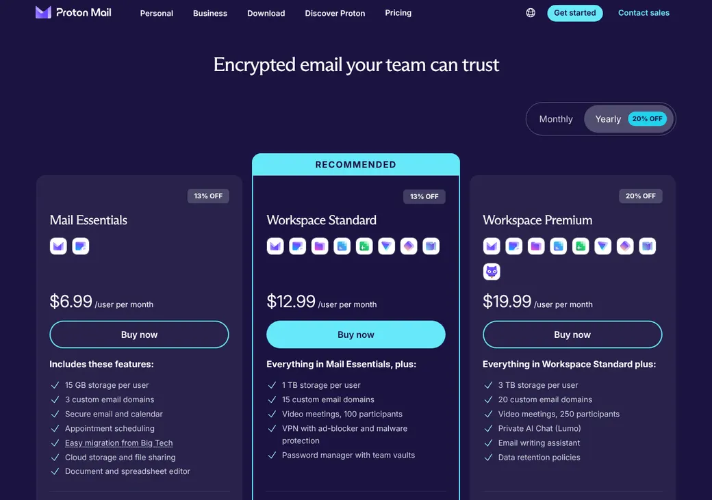 Screenshot of Proton Mail for Business' pricing page at proton.me