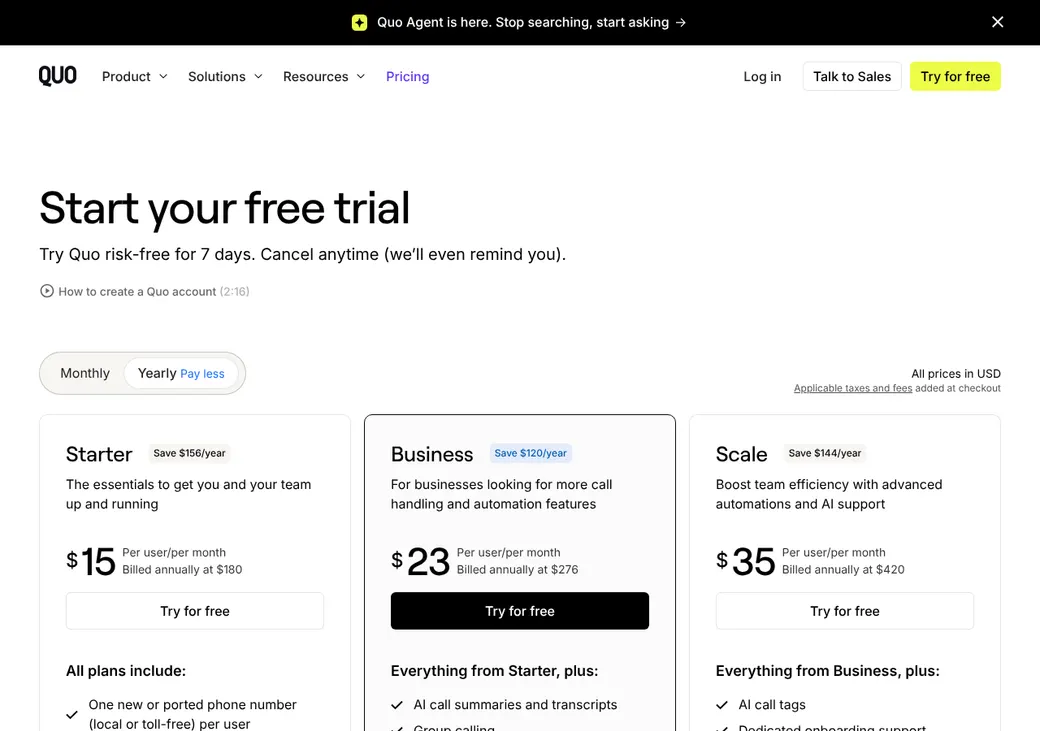 Screenshot of Quo's pricing page at quo.com