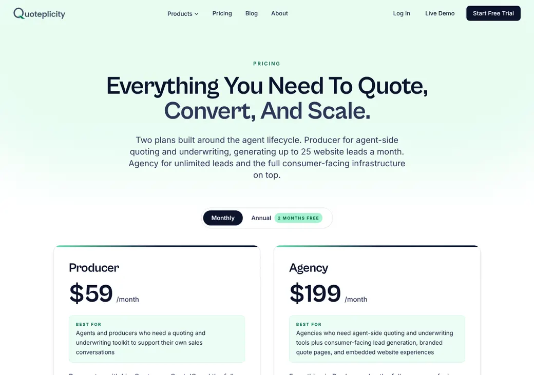 Screenshot of Quoteplicity's pricing page at quoteplicity.com