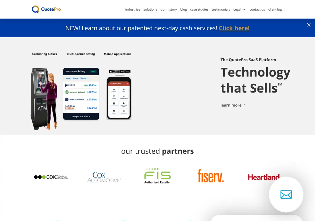 Screenshot of QuotePro's home page at quoteprosolutions.com