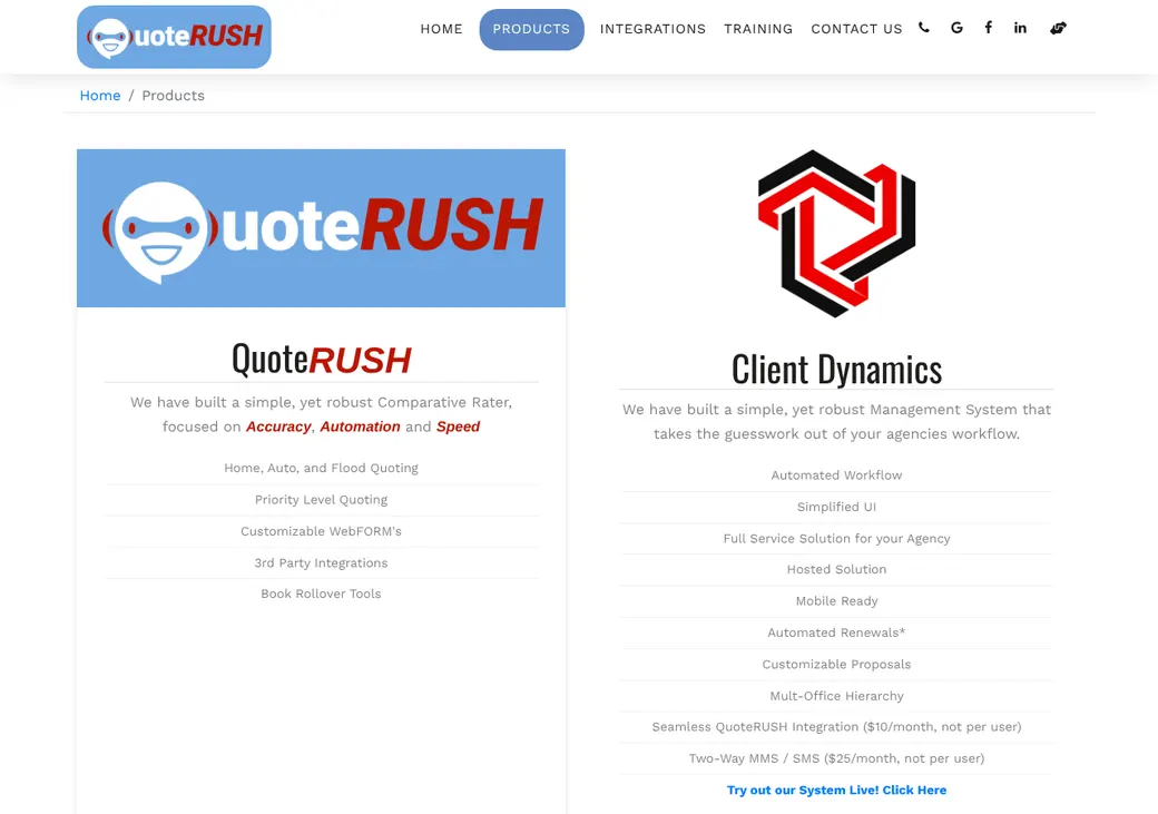 Screenshot of QuoteRUSH's product page at quoterush.com