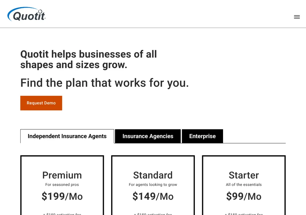 Screenshot of Quotit's pricing page at quotit.com