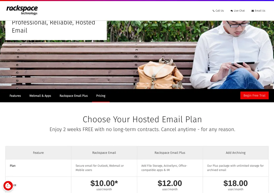 Screenshot of Rackspace Email's pricing page at rackspace.com
