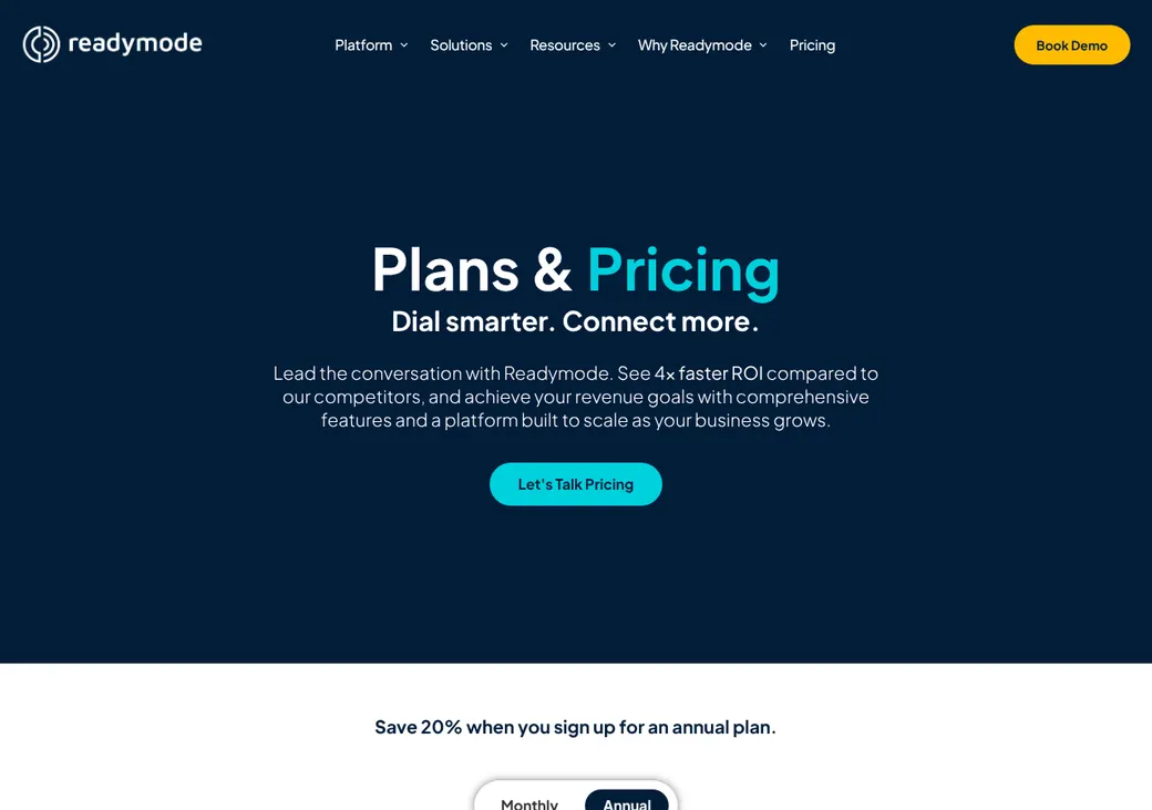 Screenshot of ReadyMode's pricing page at readymode.com