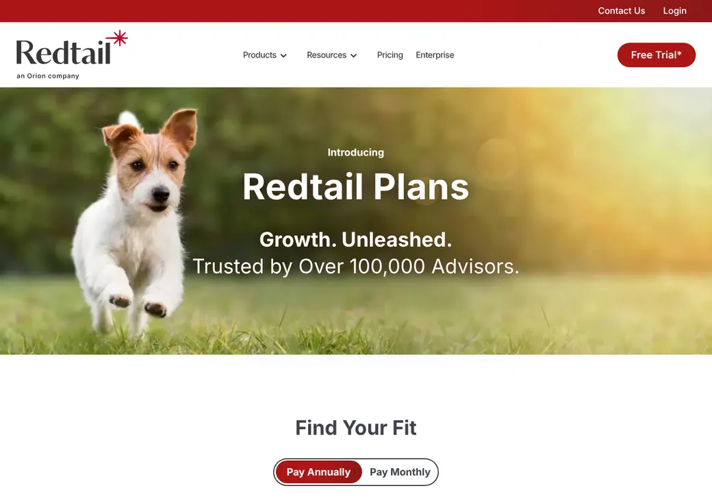 Screenshot of Redtail CRM's pricing page at redtailtechnology.com