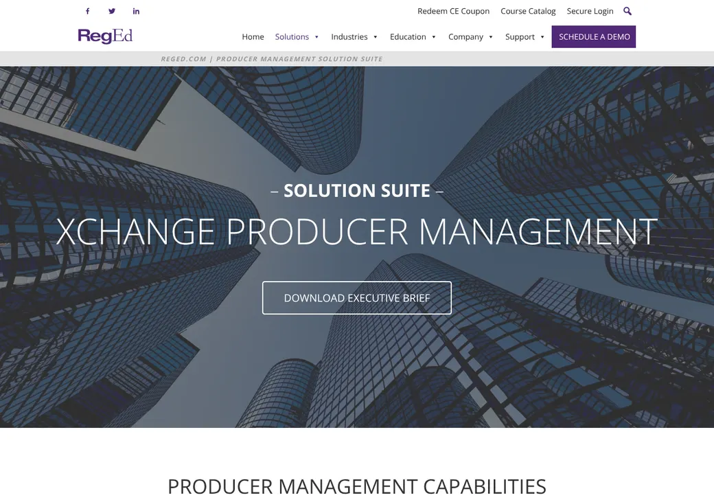 Screenshot of RegEd Xchange Producer Management's product page at reged.com