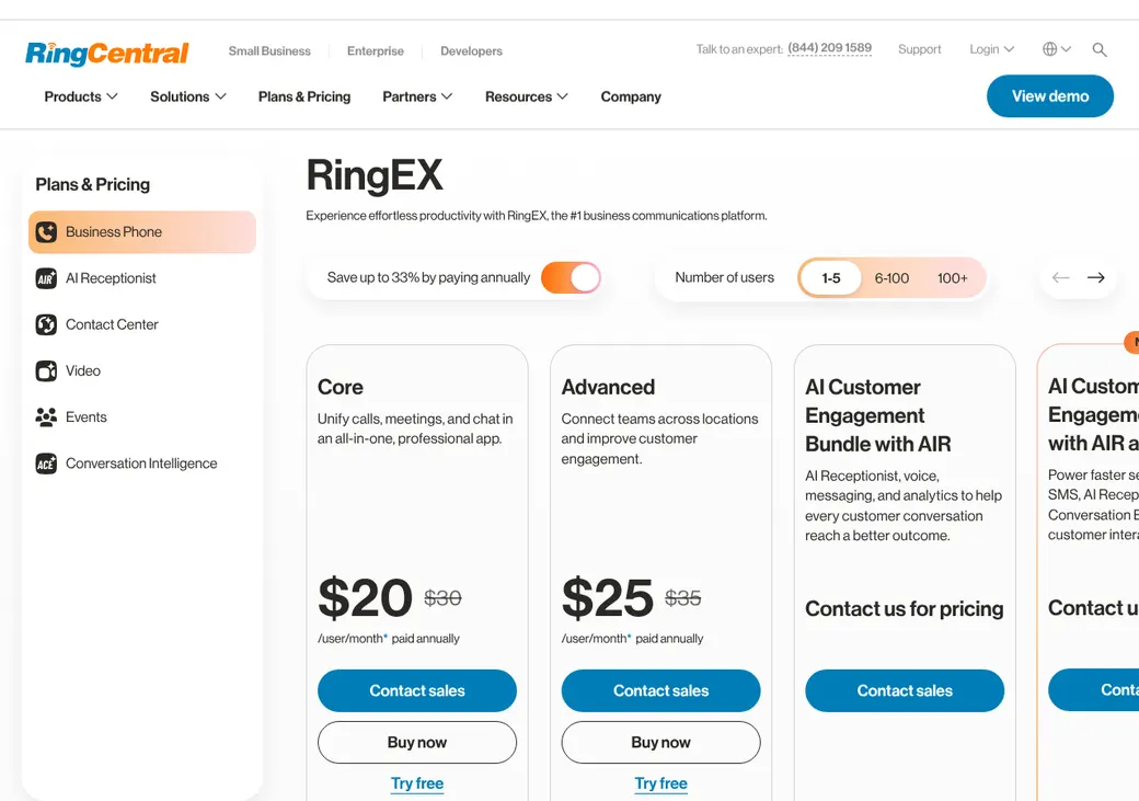 Screenshot of RingCentral's pricing page at ringcentral.com