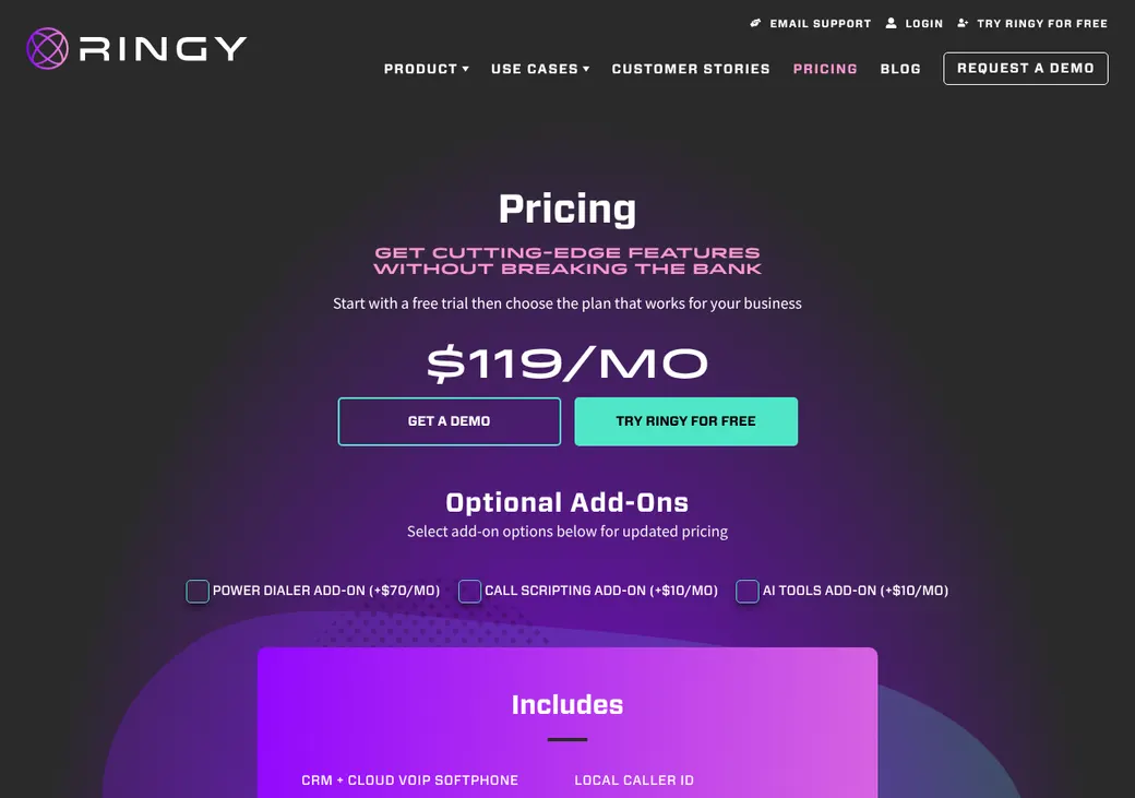 Screenshot of Ringy's pricing page at ringy.com
