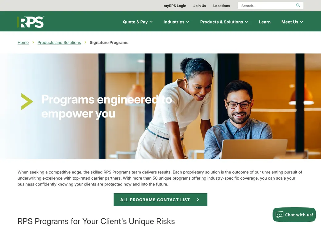Screenshot of Risk Placement Services' product page at rpsins.com
