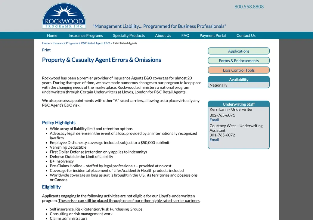 Screenshot of Rockwood Programs' home page at rockwoodinsurance.com