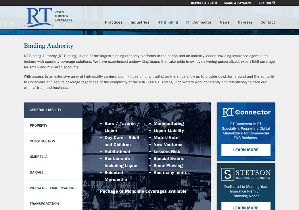 Screenshot of RT Specialty's product page at rtspecialty.com