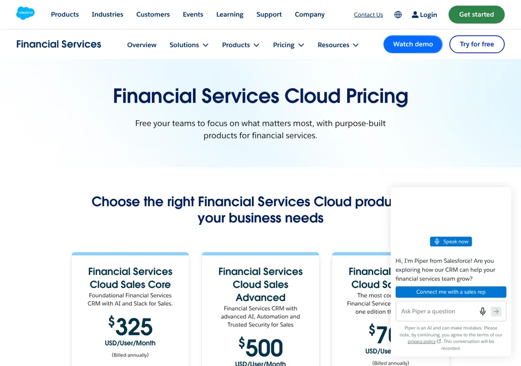 Screenshot of Salesforce Financial Services Cloud's pricing page at salesforce.com